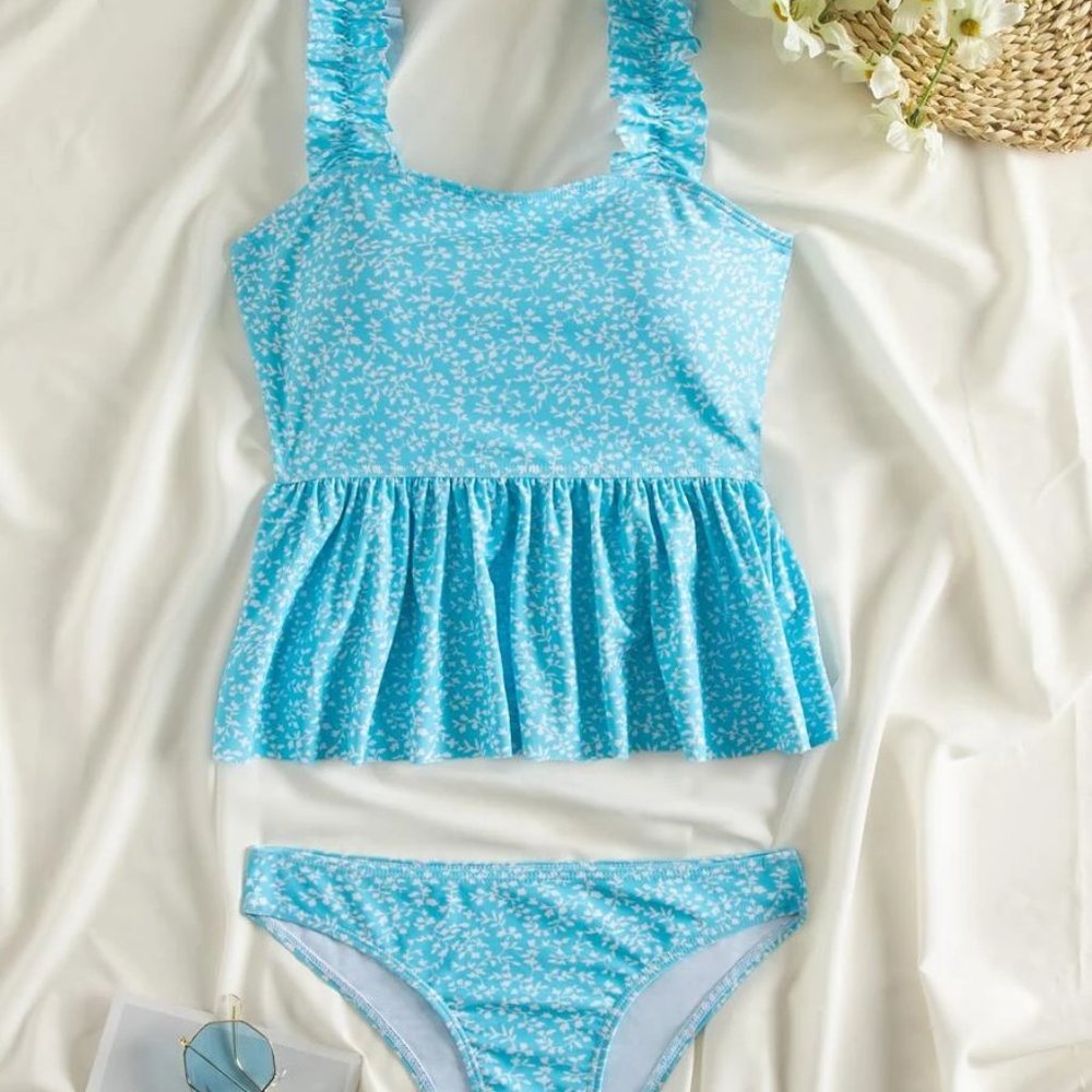 Aqua Blue Ditsy Floral Ruffle Hem Swimsuit